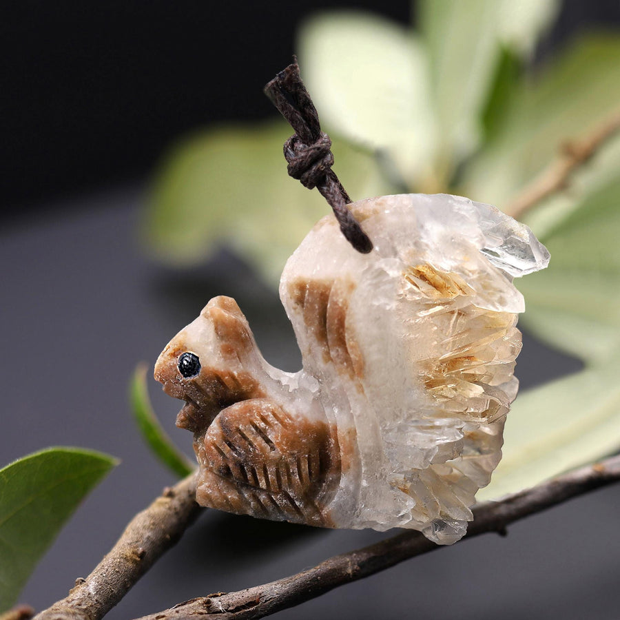 Hand Carved Natural Rock Quartz Druzy Crystal Cluster Squirrel Pendant Drilled Gemstone