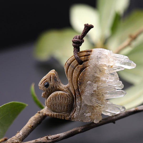 Hand Carved Natural Rock Quartz Druzy Crystal Cluster Squirrel Pendant Drilled Gemstone