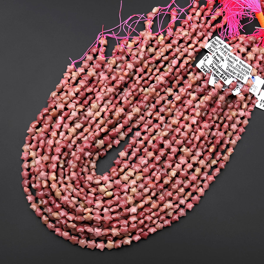 Natural Pink Petrified Rhodonite Beads 8mm Carved Star Gemstone 15.5" Strand