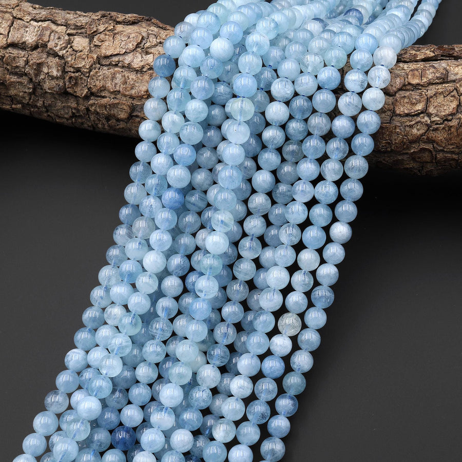 AAA Natural Blue Aquamarine 6mm Smooth Round Beads Real Genuine Gemstone 15.5" Strand