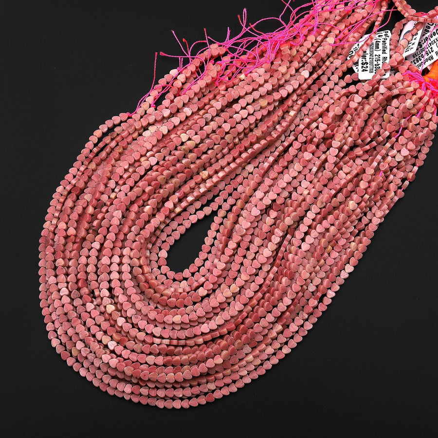 AAA Natural Pink Petrified Rhodonite Carved Heart Beads 4mm Gemstone 15.5" Strand