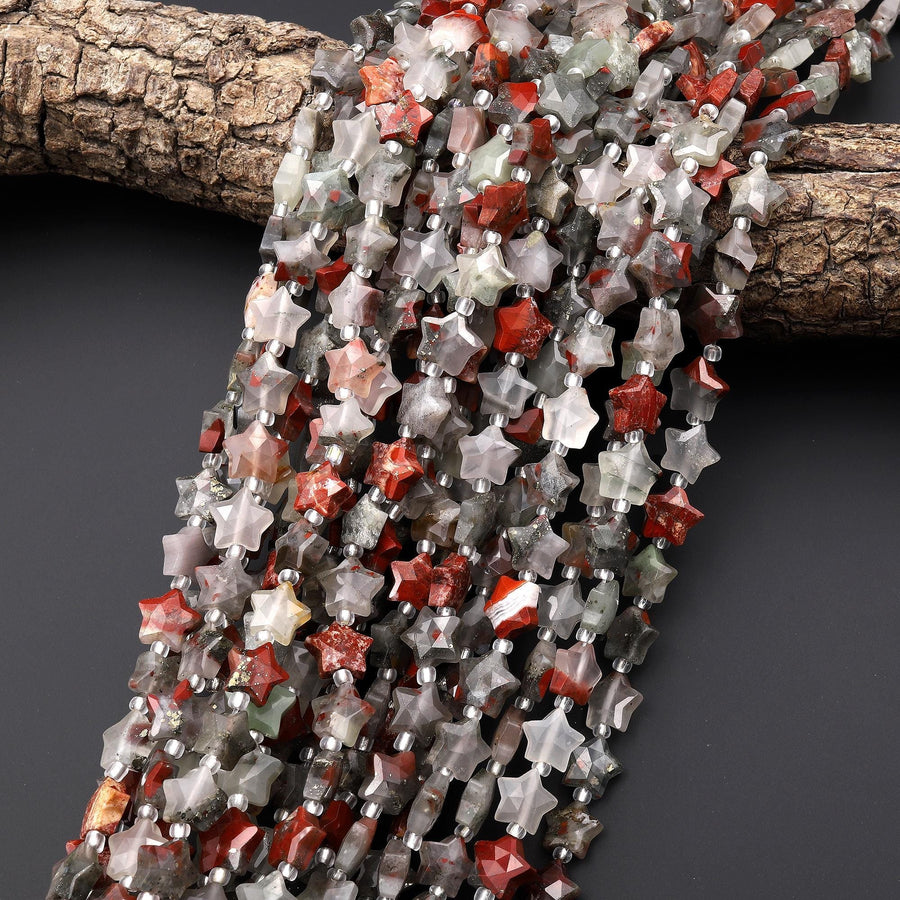 Sparkling Faceted Natural African Bloodstone Beads 10mm Carved Star Gemstone 15.5" Strand