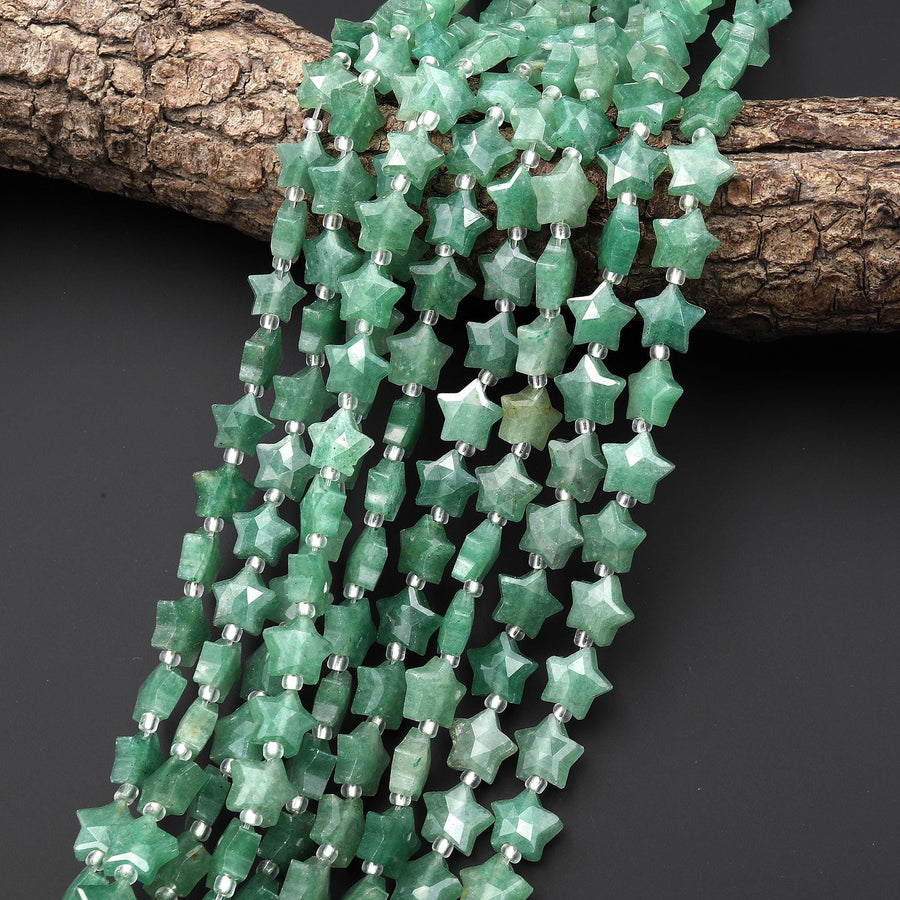 Sparkling Faceted Natural Green Aventurine Beads 10mm Carved Star Gemstone 15.5" Strand