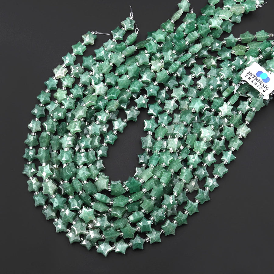 Sparkling Faceted Natural Green Aventurine Beads 10mm Carved Star Gemstone 15.5" Strand