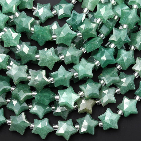 Sparkling Faceted Natural Green Aventurine Beads 10mm Carved Star Gemstone 15.5" Strand