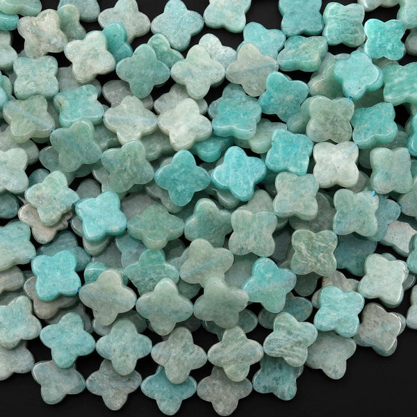4 Four Leaf Clover Beads Natural Amazonite 10mm Hand Carved Flower Gemstone 15.5" Strand
