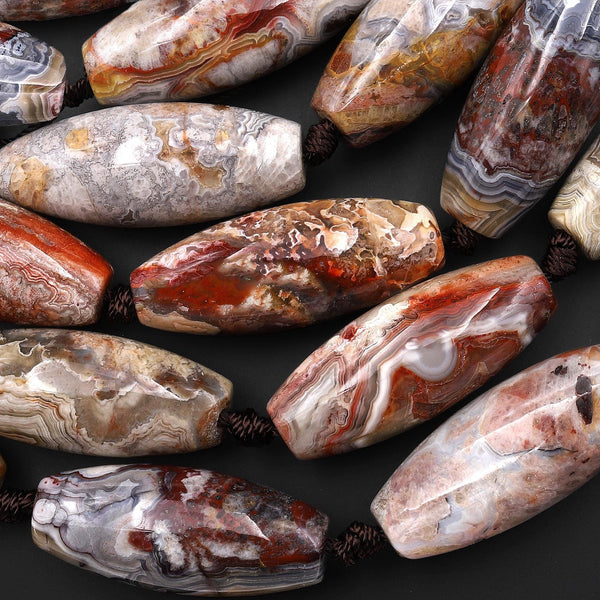 Large Natural Laguna Lace Agate 40mm Long Barrel Cylinder Beads 7.5" Strand