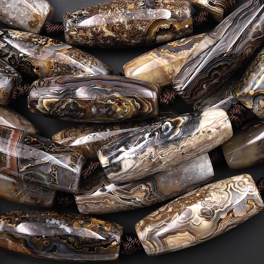 Large Natural Black Laguna Lace Agate Long Barrel Cylinder Beads 7.5" Strand