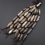 Large Natural Black Laguna Lace Agate Long Barrel Cylinder Beads 7.5" Strand