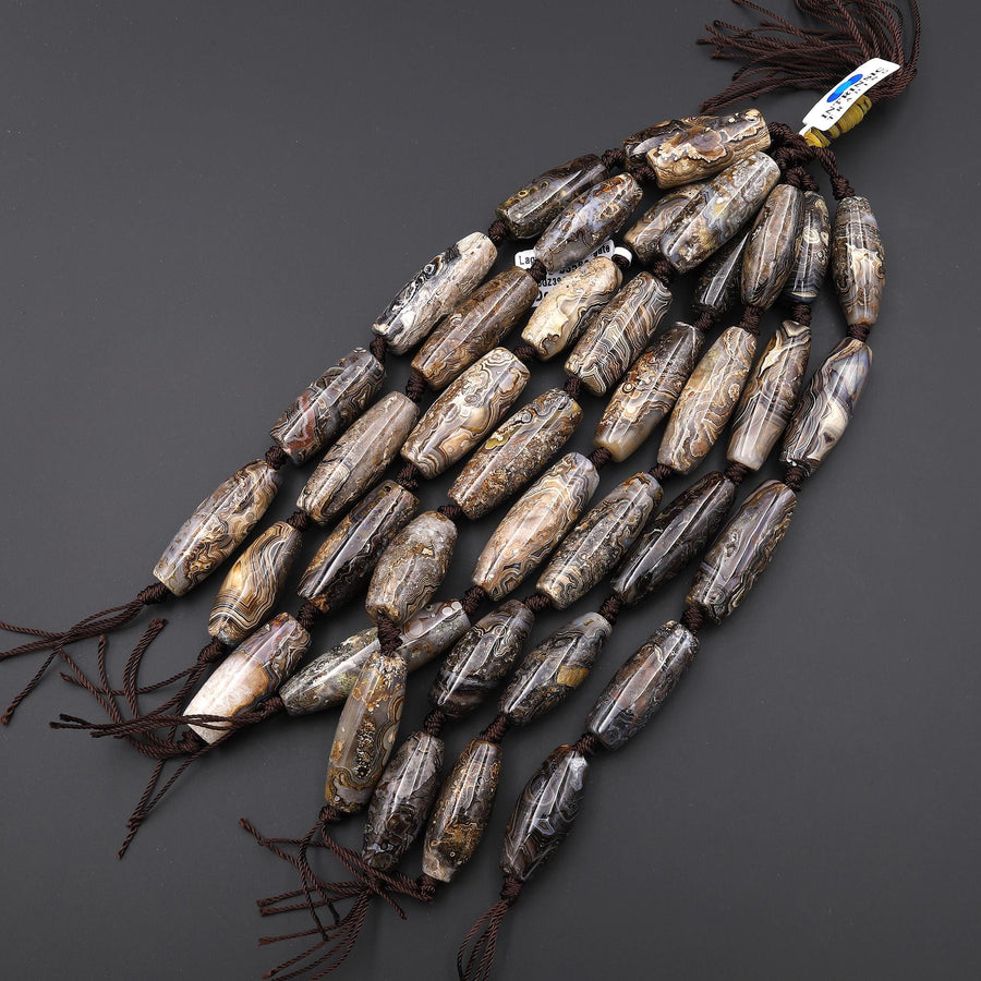Large Natural Black Laguna Lace Agate Long Barrel Cylinder Beads 7.5" Strand
