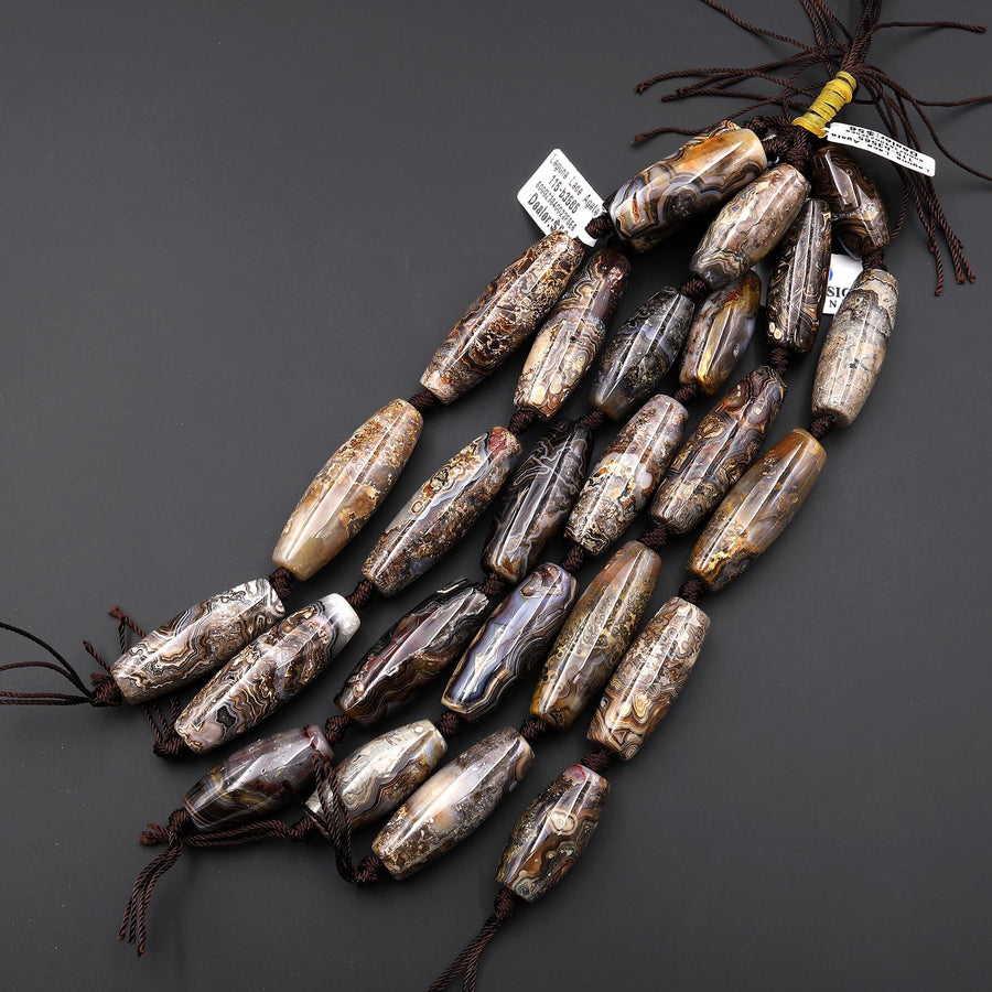 Large Natural Black Laguna Lace Agate Long 40mm Barrel Cylinder Beads 7.5" Strand