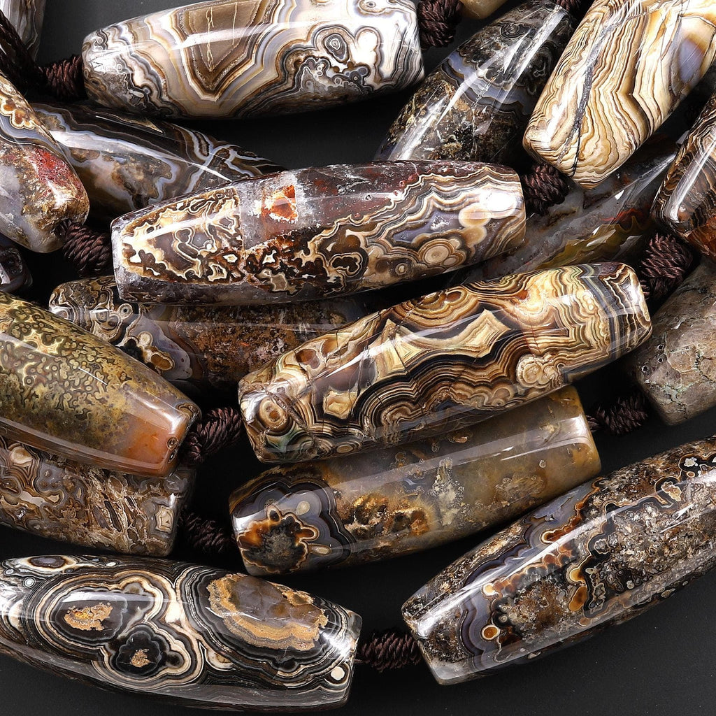 Large Natural Black Laguna Lace Agate Long 40mm Barrel Cylinder Beads 7.5" Strand