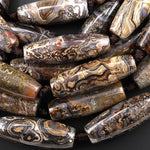 Large Natural Black Laguna Lace Agate Long 40mm Barrel Cylinder Beads 7.5" Strand