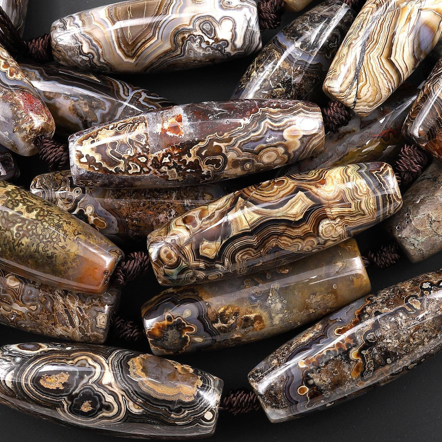 Large Natural Black Laguna Lace Agate Long 40mm Barrel Cylinder Beads 7.5" Strand