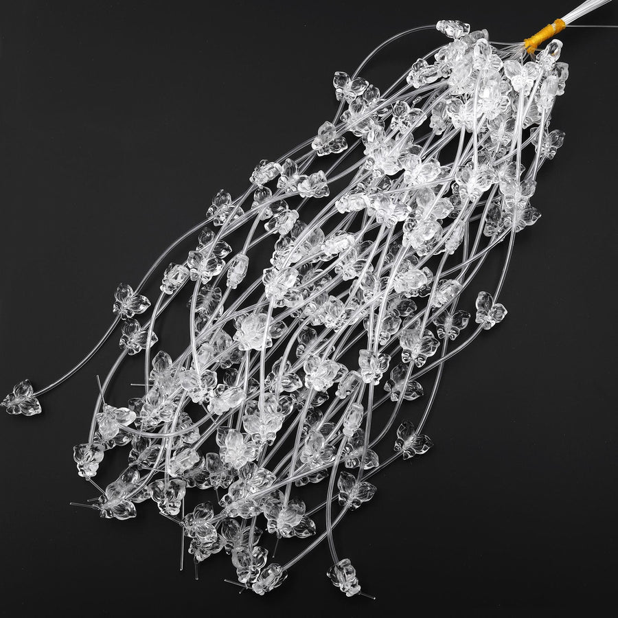 Natural Clear Rock Quartz Crystal Hand Carved Butterfly Gemstone 3D Beads Strand