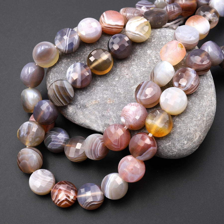 Faceted Natural Botswana Agate 8mm Coin Beads Gemstone 15.5" Strand