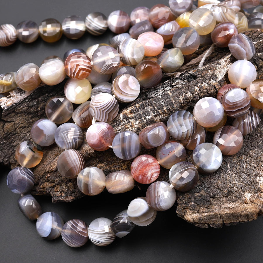 Faceted Natural Botswana Agate 8mm Coin Beads Gemstone 15.5" Strand