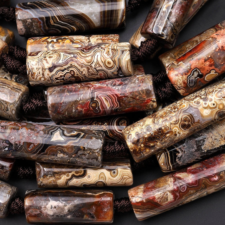 Natural Laguna Lace Agate Long Smooth Tube Beads 7.5" Strand