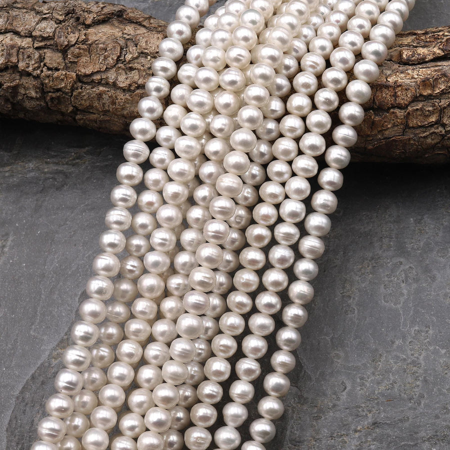 Genuine White Freshwater Pearl 6mm Off Round Shimmery Iridescent Classic Pearl 15.5" Strand