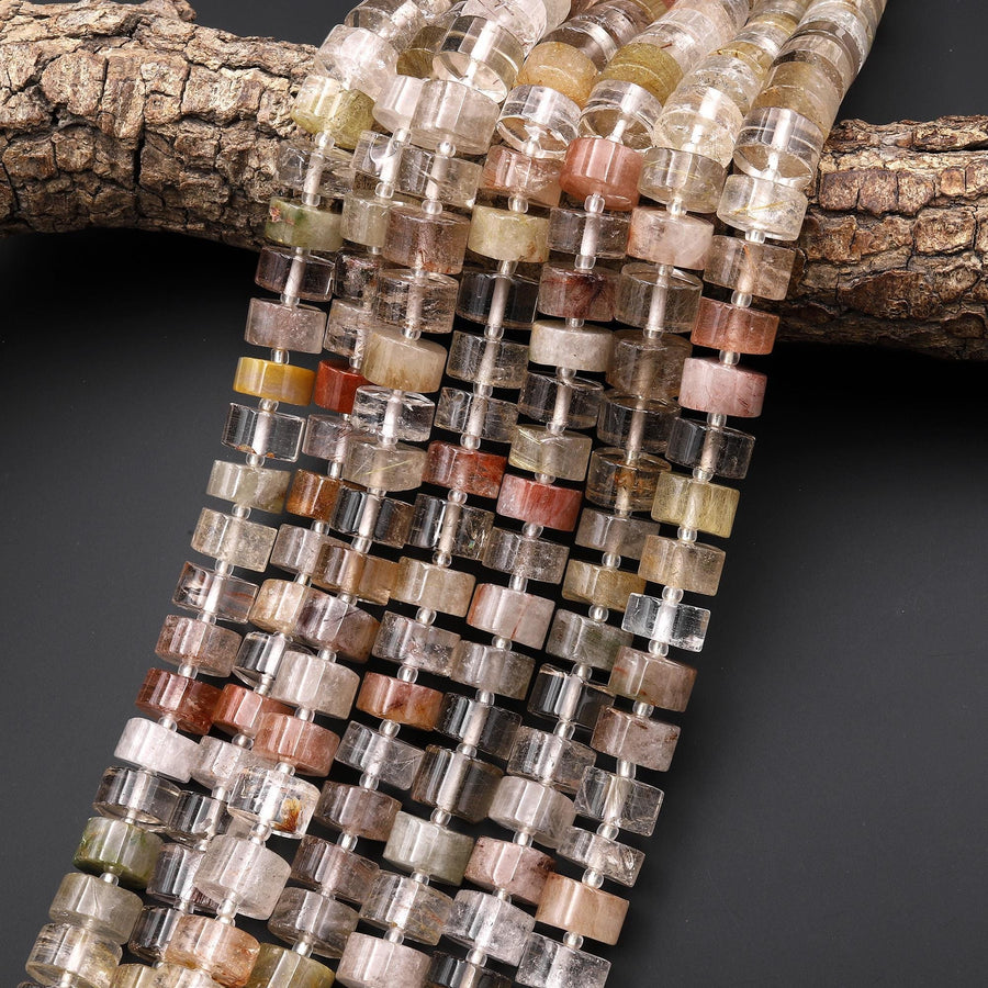 AAA Natural Brazilian Phantom Rutile Crystal Quartz Thick Rondelle 10mm 12mm Beads 15.5" Strand