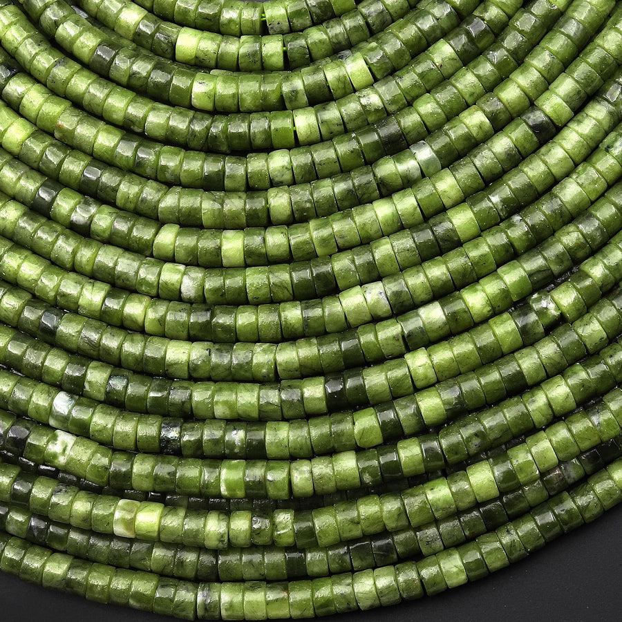 Natural Russian Serpentine Green Jade 4mm Smooth Heishi Rondelle Beads 15.5" Strand