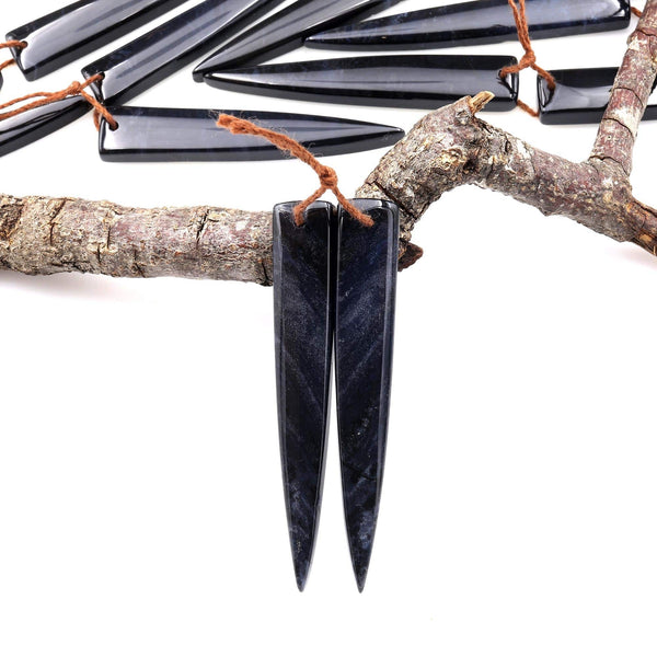 Rare Natural Midnight Dark Blue Onyx Thin Long Dagger Triangle Spike Earring Pair Drilled Gemstone Matched Beads A2