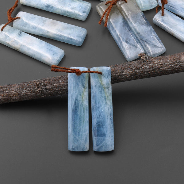 Natural Blue Aquamarine Earring Rectangle Pair Drilled Matched Gemstone Beads A9