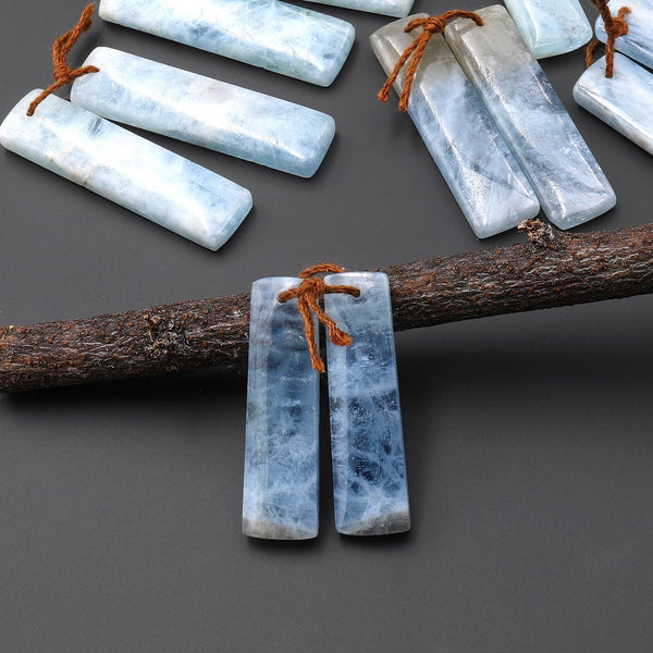 Natural Blue Aquamarine Earring Rectangle Pair Drilled Matched Gemstone Beads A11