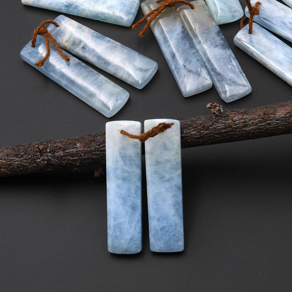 Natural Blue Aquamarine Earring Rectangle Pair Drilled Matched Gemstone Beads A14