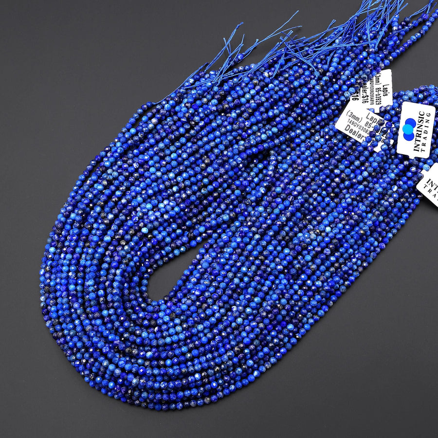 Faceted Natural Denim Blue Lapis 3mm Round Beads Gemstone 15.5" Strand