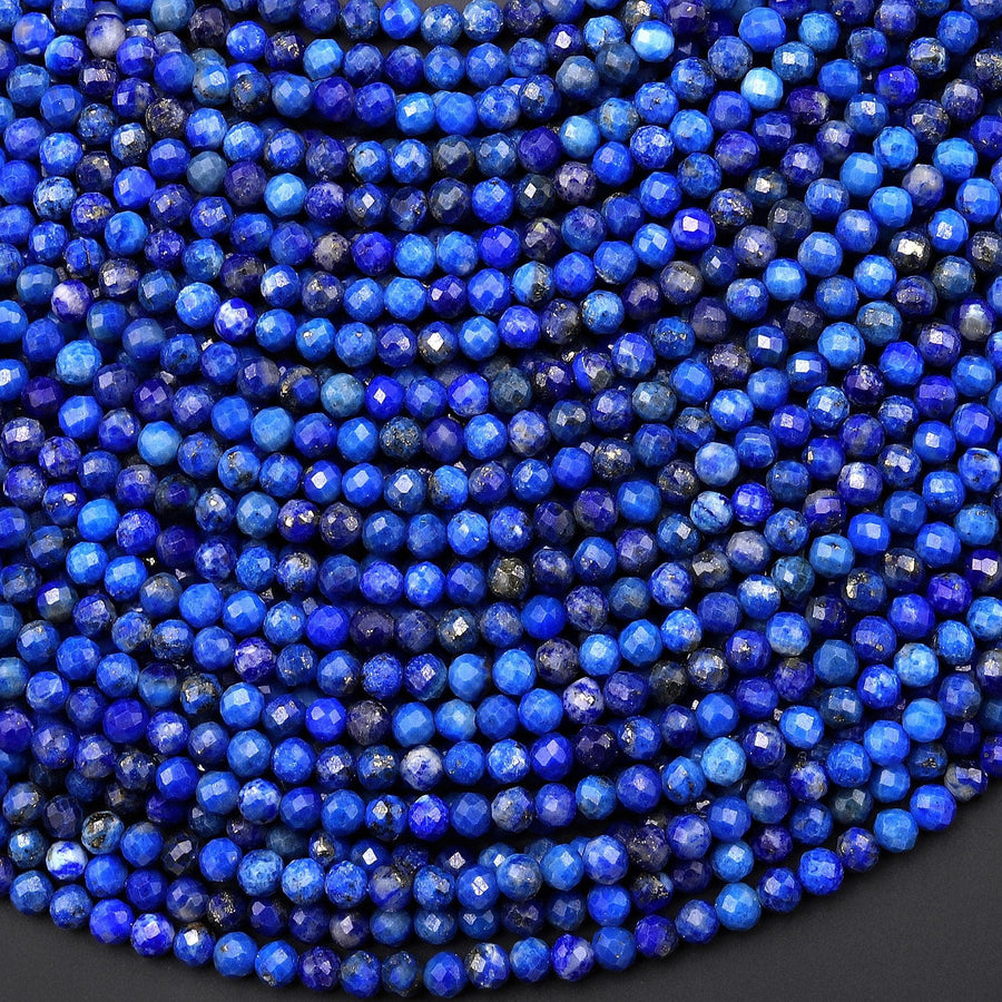 Faceted Natural Denim Blue Lapis 3mm Round Beads Gemstone 15.5" Strand
