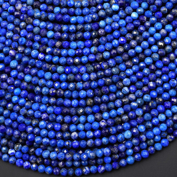 Faceted Natural Denim Blue Lapis 3mm Round Beads Gemstone 15.5" Strand