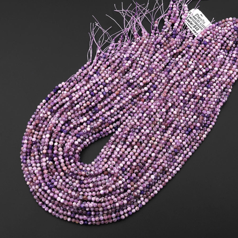 Faceted Genuine Natural Russian Purple Charoite 3mm 4mm Round Beads Gemstone 15.5" Strand