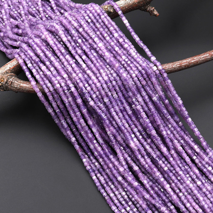 AAA Natural Purple Lepidolite Faceted 2mm Cube Gemstone Beads 15.5" Strand