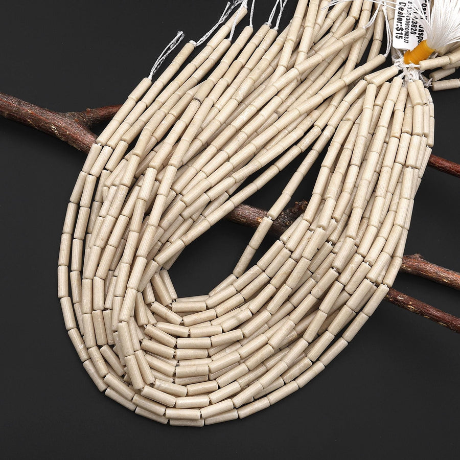 Natural Ivory Fossil Jasper River Stone Long Thin Tube 13x4mm Beads 15.5" Strand