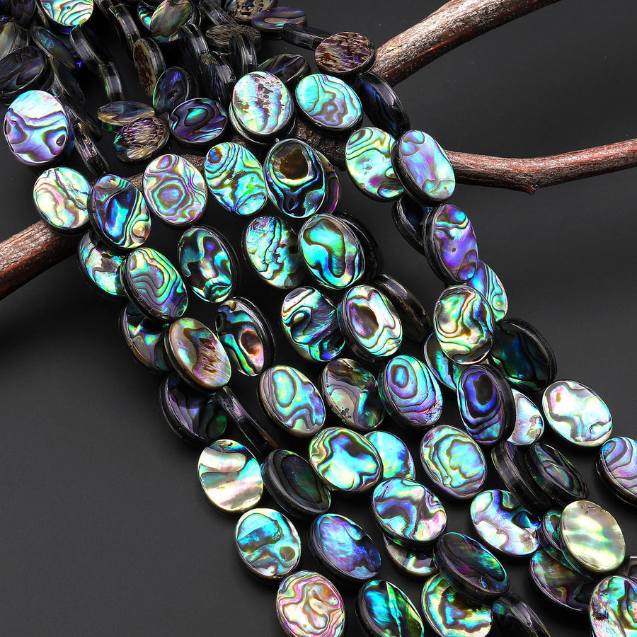 AAA Natural Abalone Shell 8mm 10mm 14mm 18mm Oval Beads Iridescent Rainbow Glow Blue Green Red Pink Flashes 15.5" Strand