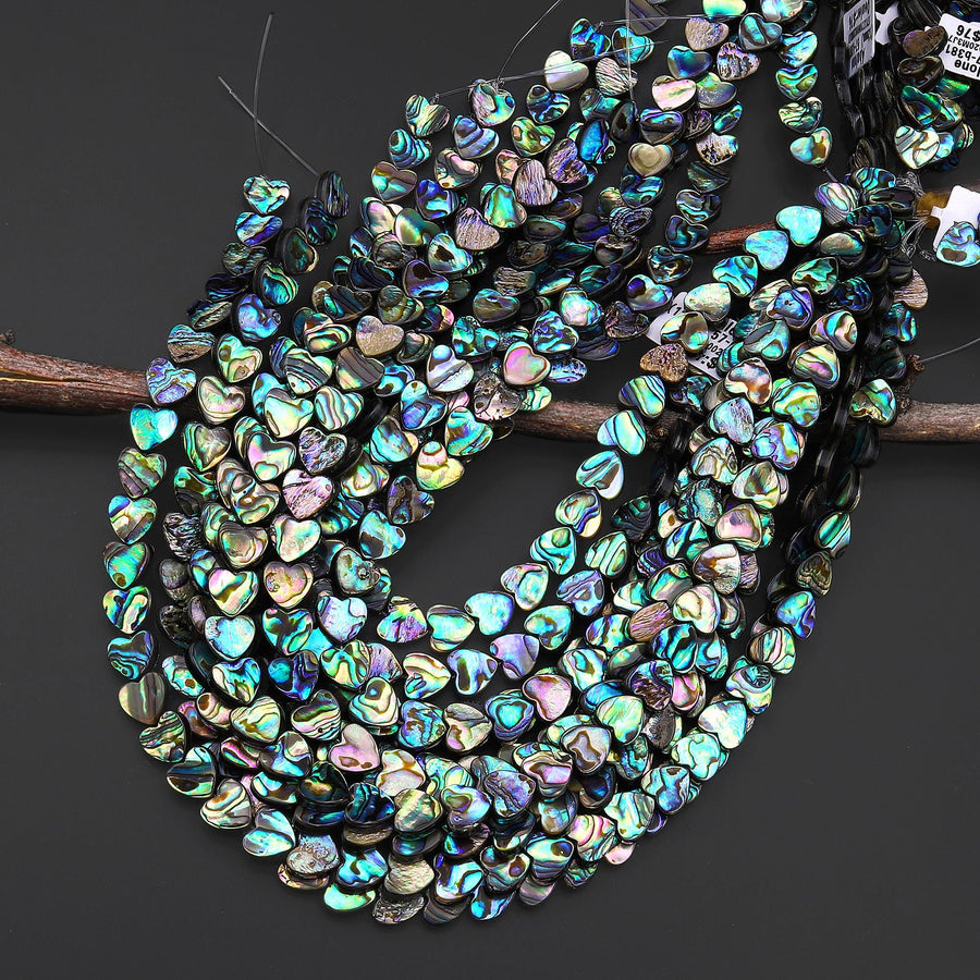 AAA Genuine Abalone Shell 10mm Heart Beads Iridescent Rainbow flashes 15.5" Strand