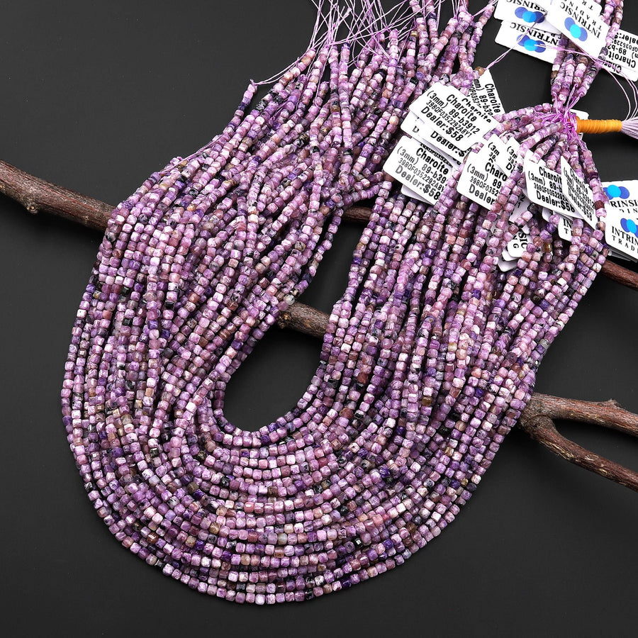 Faceted Genuine Natural Russian Purple Charoite 3mm Cube Beads Gemstone 15.5" Strand