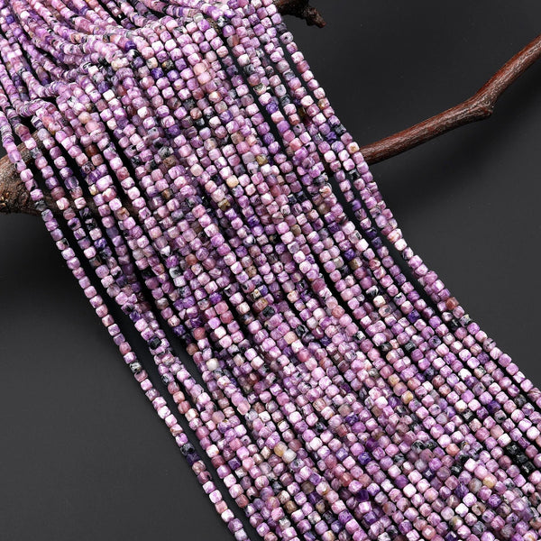 Faceted Genuine Natural Russian Purple Charoite 3mm Cube Beads Gemstone 15.5" Strand