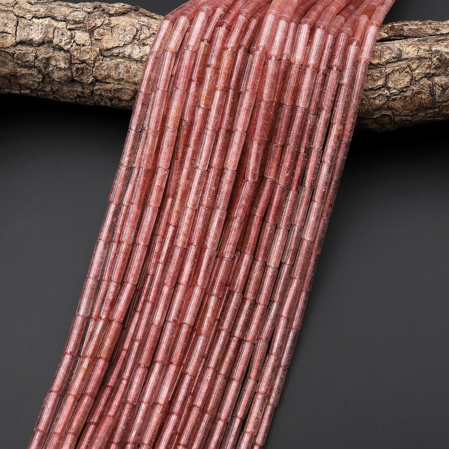 Natural Strawberry Quartz Thin Long Tube Beads 13x4mm 15.5" Strand