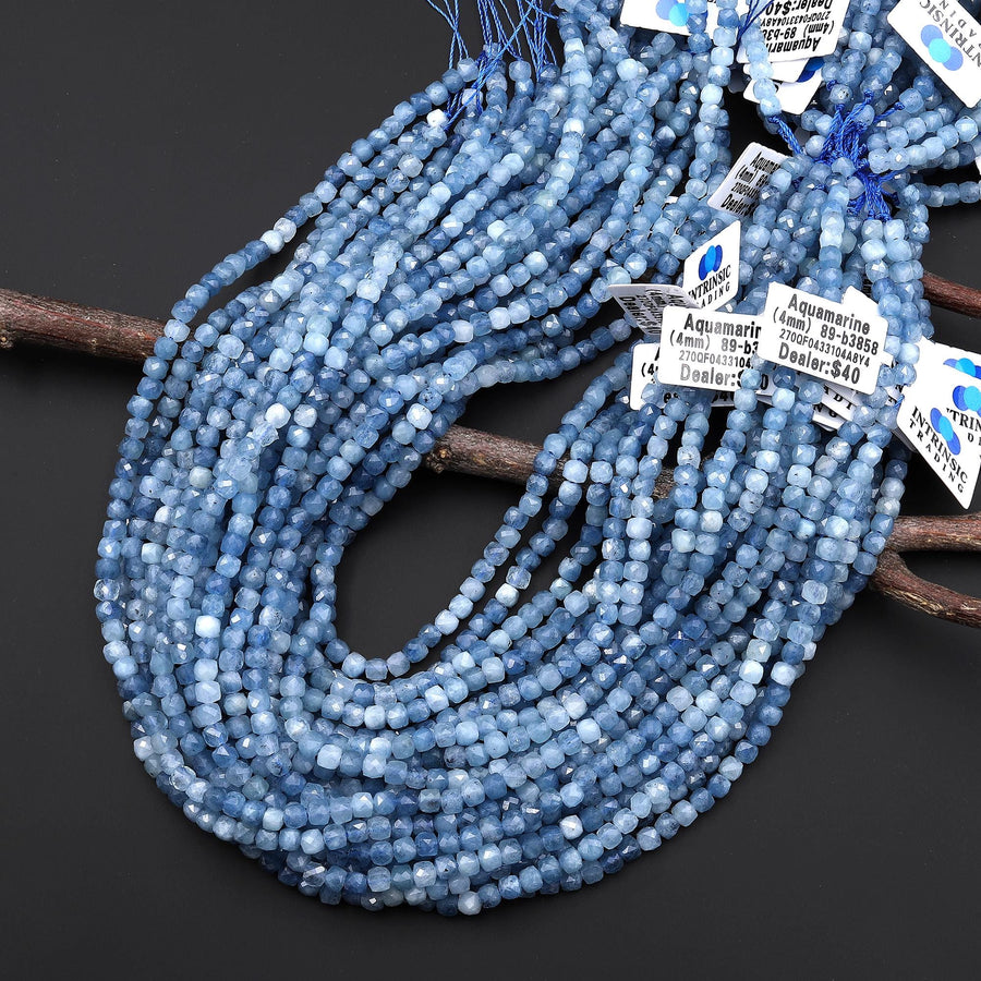 Faceted Natural Blue Aquamarine 4mm Cube Beads Translucent Birthstone Gemstone 15.5" Strand