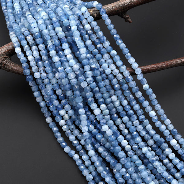 Faceted Natural Blue Aquamarine 4mm Cube Beads Translucent Birthstone Gemstone 15.5" Strand