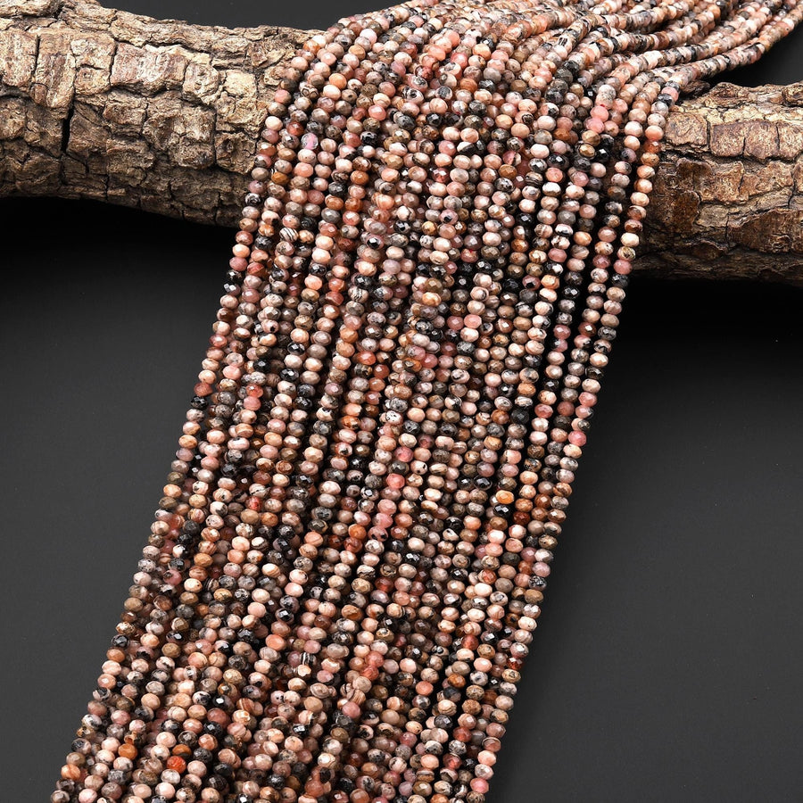 Natural Rhodochrosite 3mm Faceted Rondelle Beads Black Iron Matrix Micro Diamond Cut Gemstone 15.5" Strand