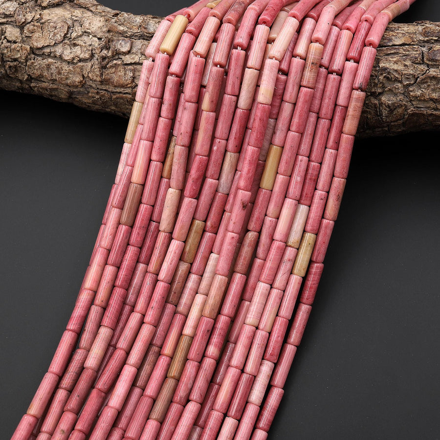 Natural Pink Petrified Rhodonite Thin Long Tube Beads 13x4mm 15.5" Strand