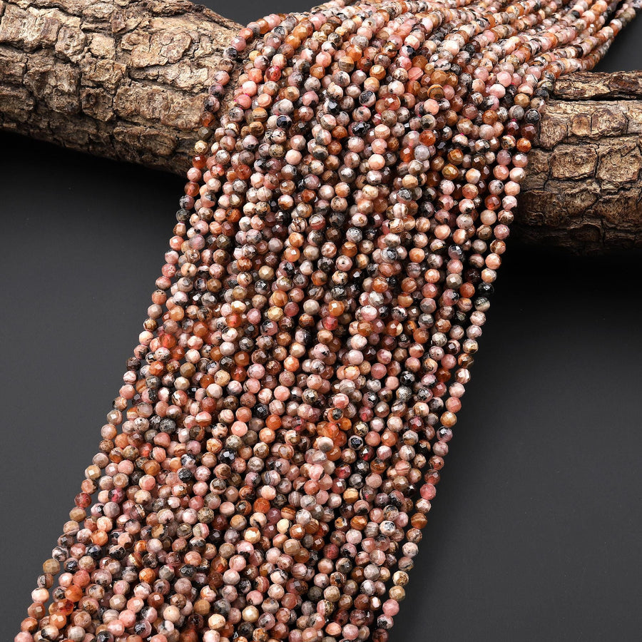 Natural Rhodochrosite Black Iron Matrix 3mm 4mm Faceted Round Beads 15.5" Strand