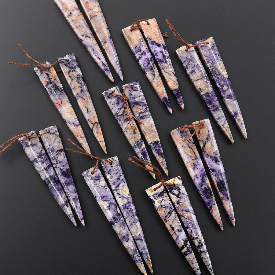 Natural Purple Brecciated Jasper Earring Pair Long Dagger Triangle Cabochon Cab Drilled Matched Beads