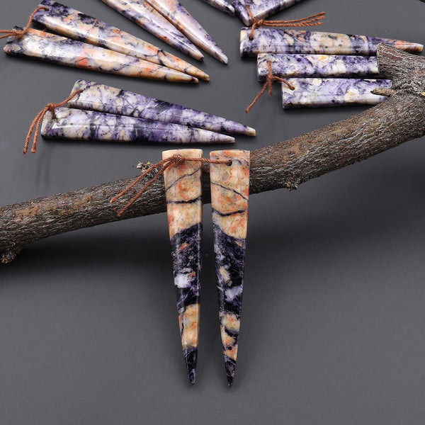 Natural Purple Brecciated Jasper Earring Pair Long Dagger Triangle Cabochon Cab Drilled Matched Beads A3