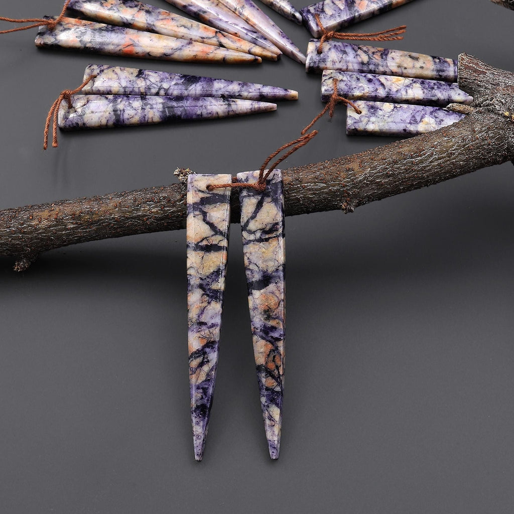 Natural Purple Brecciated Jasper Earring Pair Long Dagger Triangle Cabochon Cab Drilled Matched Beads A4