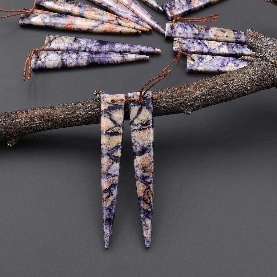 Natural Purple Brecciated Jasper Earring Pair Long Dagger Triangle Cabochon Cab Drilled Matched Beads A4
