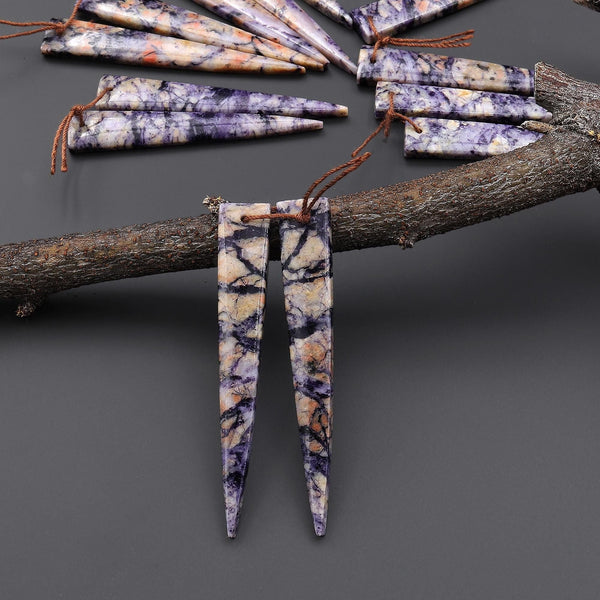 Natural Purple Brecciated Jasper Earring Pair Long Dagger Triangle Cabochon Cab Drilled Matched Beads A4